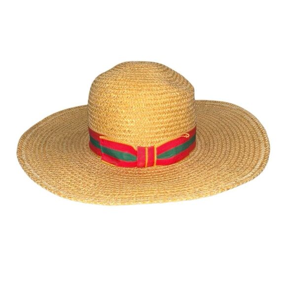 Vintage 80s Banana Republic Wide Brim Straw Raffia size S-M red, green, gold rib - Picture 2 of 10
